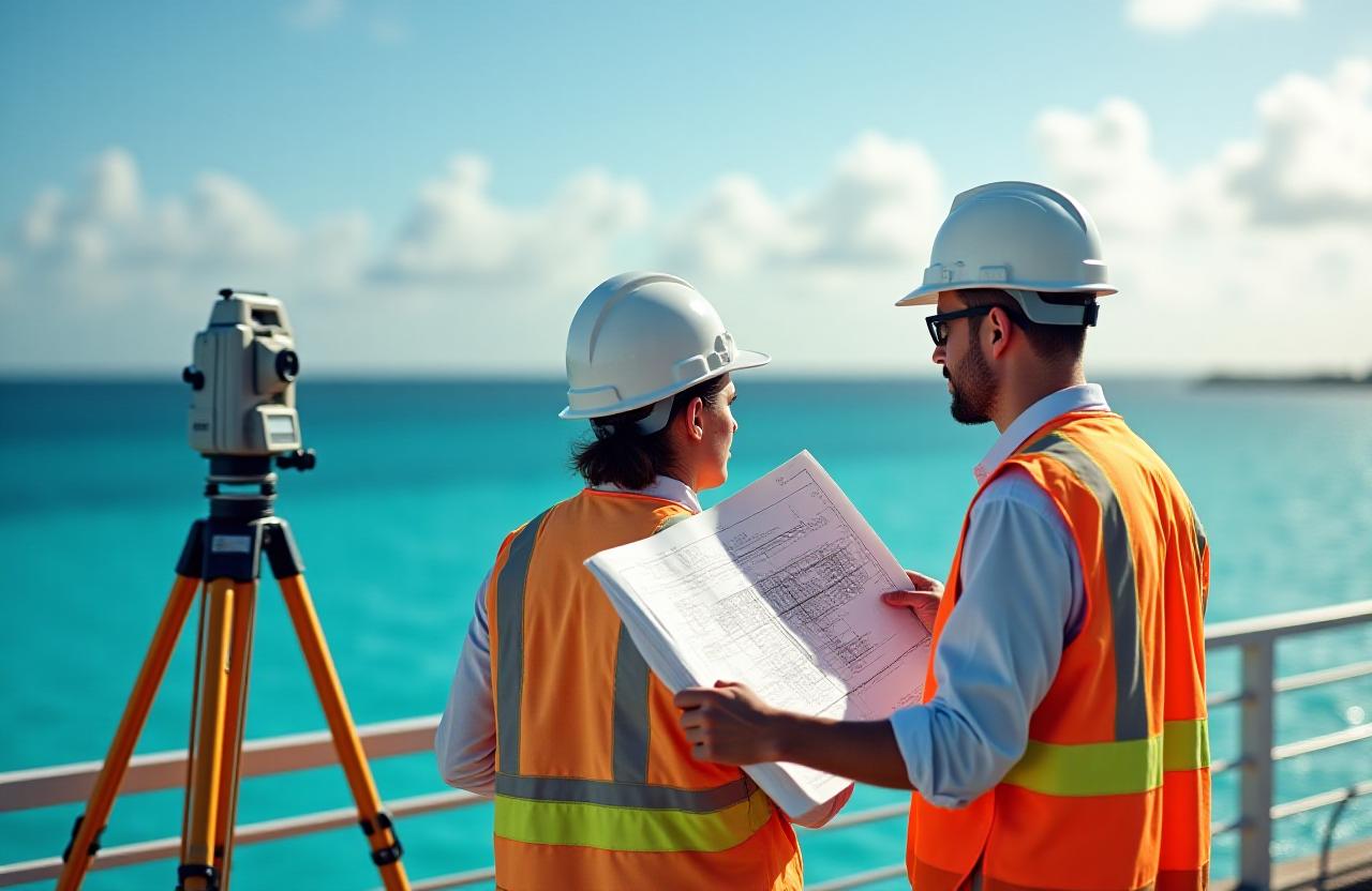 Coastal engineers reviewing technical blueprints by the shoreline